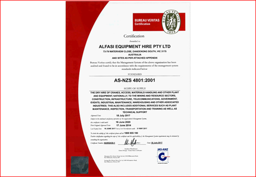 Alfasi Equipment Hire OHS Certificate 2017