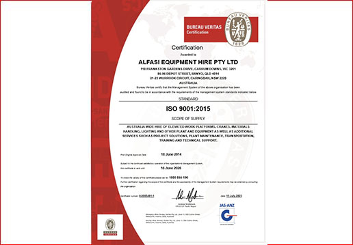 Alfasi Equipment Hire QMS Certificate 2017