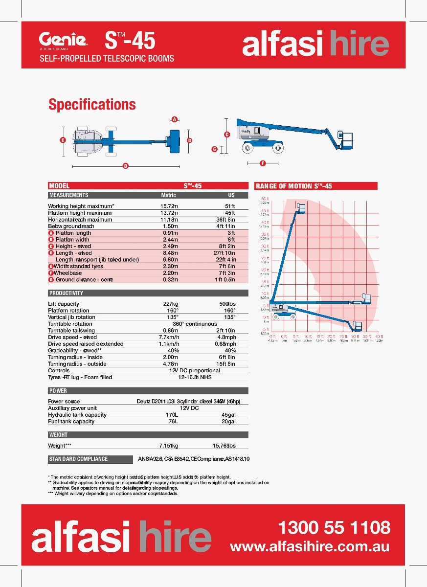 45 Diesel Straight Boom Specifications