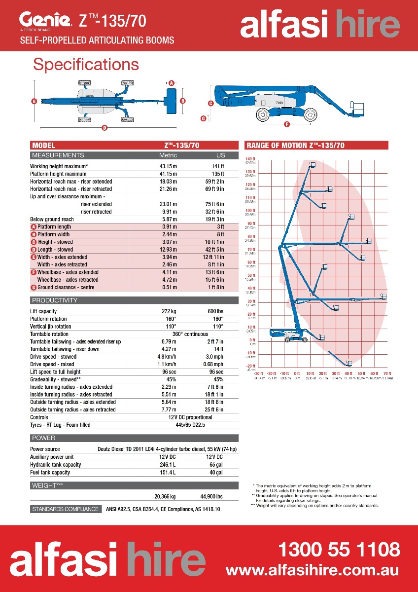 Boom Diesel Genie Z-135-70_Specifications